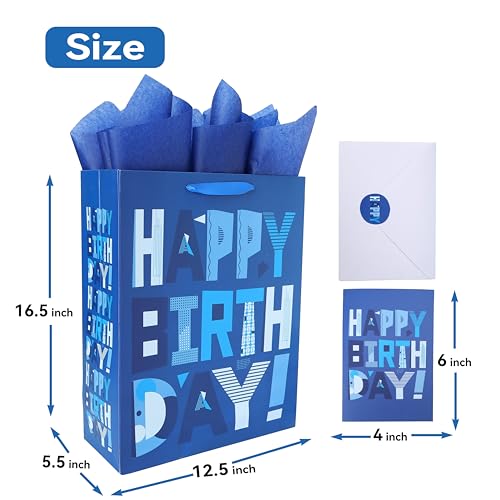 wishinside 165 Extra Large Blue Gift Bags Set with Greeting Card and Tissue Papers Blue Happy Birthday for Mens Birthday Party Kids Parties Baby Shower or Baby Boy 165x55x126 1 Pcs - Image 5
