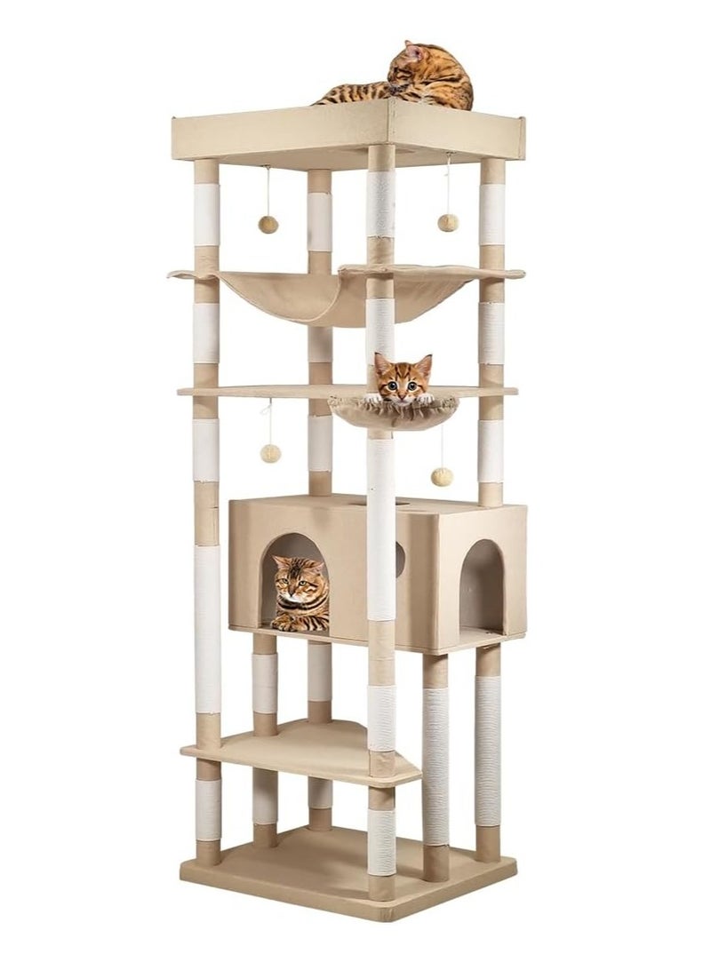 NNC PETS Multi-level cat tower with Cozy hammock, Hanging ball, Durable Scratching posts and Cozy condo, 195 cm Cat Activity center for Indoor cats, Climbing and Playing, Easy to assemble (Khaki) - Image 1