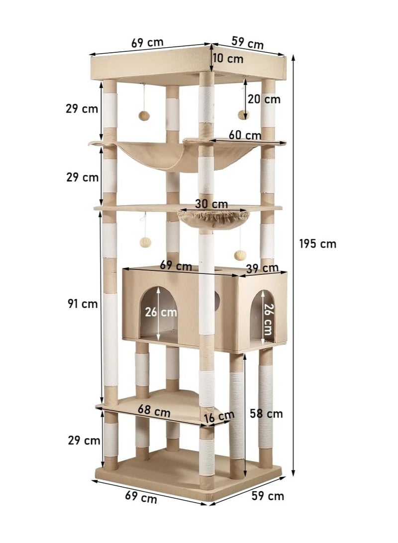 NNC PETS Multi-level cat tower with Cozy hammock, Hanging ball, Durable Scratching posts and Cozy condo, 195 cm Cat Activity center for Indoor cats, Climbing and Playing, Easy to assemble (Khaki) - Image 2