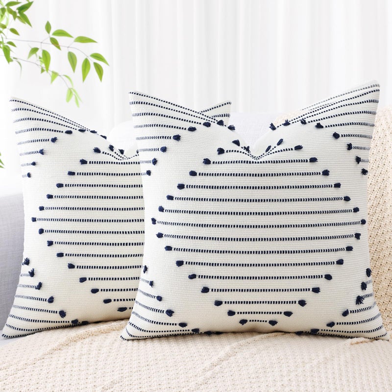 Mecatny Boho Outdoor Throw Pillow Covers 20X20 Set of 2 Farmhouse Decorative Summer Pillow Covers for Couch Sofa Living Room Navy  Cream White