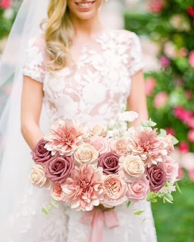 FACINOC Pink Roses Artificial Flowers Fake Flower Bulk for DIY Wedding Bouquet Bridal Baby Shower Centerpiece Table Decorations Silk Faux Floral Arrangements for Party Home Decor Indoor Dusty Blush - Image 2