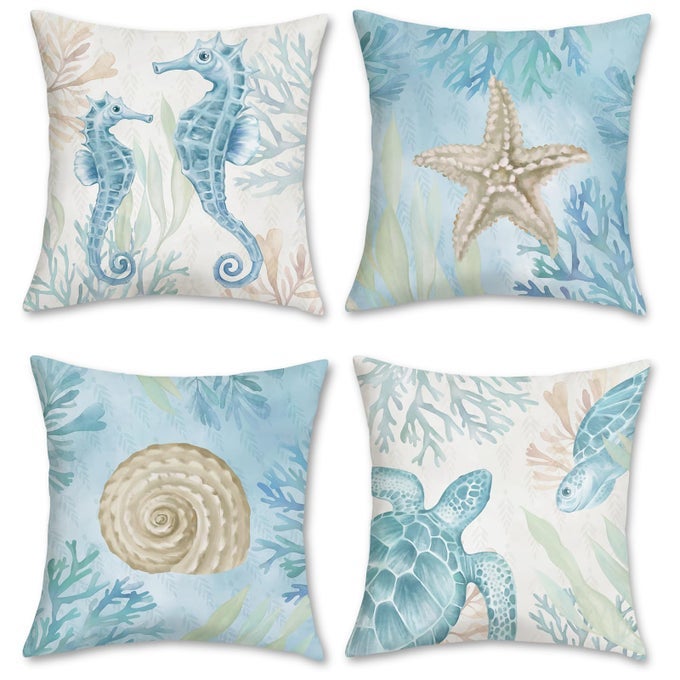 OCEAN BEACH THROW PILLOW COVERS 18 X 18 INCH SEAHORSE TURTLE STARFISH COASTAL OUTDOOR DECORATIVE PILLOWS SOFT VELVET CUSHION CASES FOR COUCH SOFA BED HOME DECOR SET OF 4