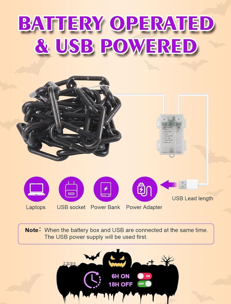 BEEWIN 10.4 Ft Plastic Chain String Lights For Halloween Decorations,USB & Battery 175 LED Chain Lights with Timer,Purple Light 8 Modes Waterproof for Halloween Indoor Outdoor Skeleton Dog Party Decor - Image 5