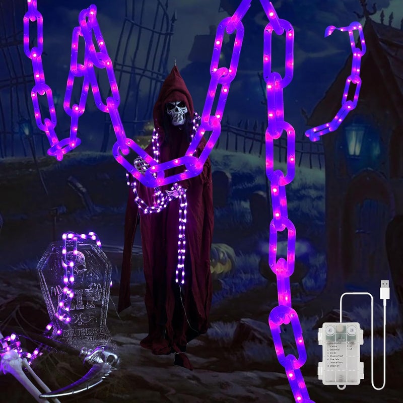 BEEWIN 10.4 Ft Plastic Chain String Lights For Halloween Decorations,USB & Battery 175 LED Chain Lights with Timer,Purple Light 8 Modes Waterproof for Halloween Indoor Outdoor Skeleton Dog Party Decor - Image 1
