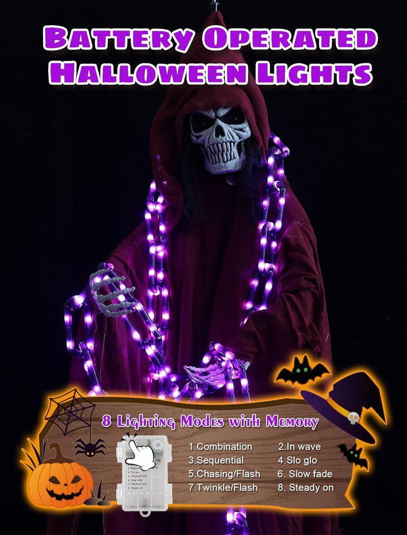 BEEWIN 10.4 Ft Plastic Chain String Lights For Halloween Decorations,USB & Battery 175 LED Chain Lights with Timer,Purple Light 8 Modes Waterproof for Halloween Indoor Outdoor Skeleton Dog Party Decor - Image 3