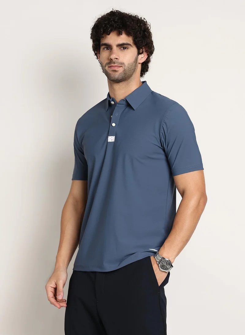 كامبوس سوترا Men's Steel Blue Seamless Waffle Polo T-Shirt