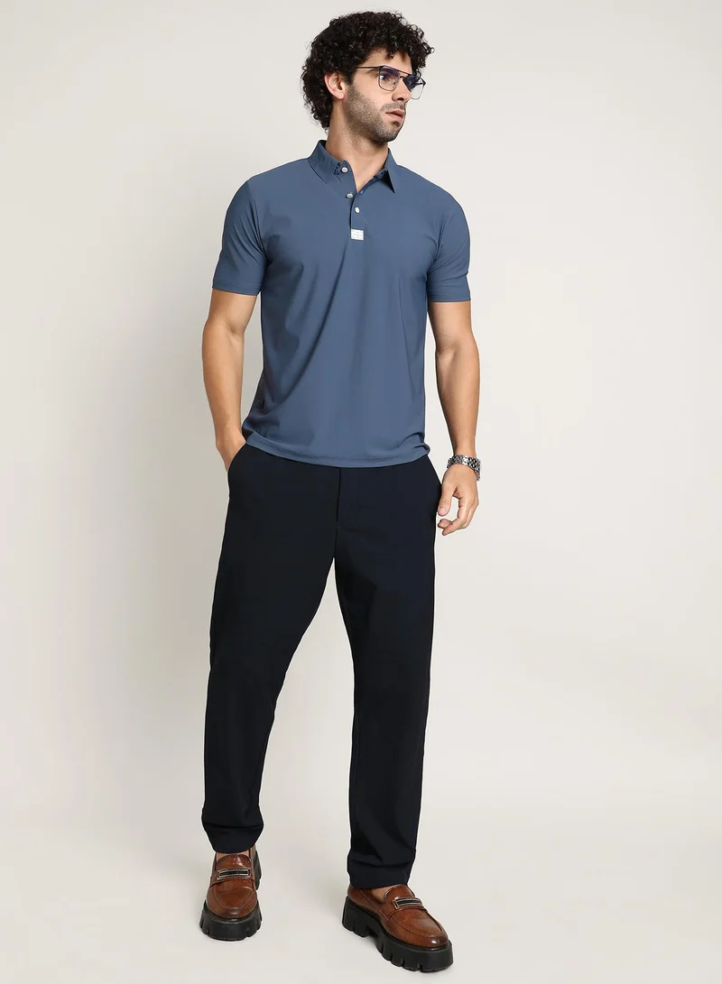 كامبوس سوترا Men's Steel Blue Seamless Waffle Polo T-Shirt
