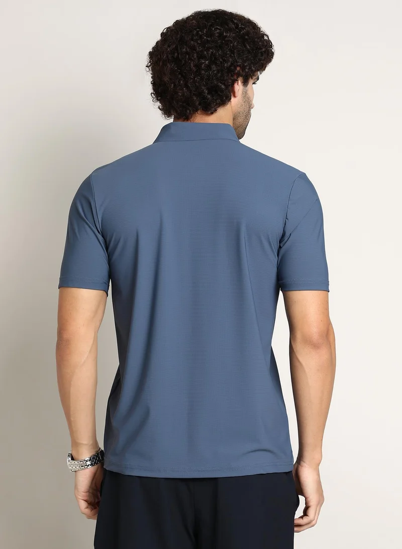 كامبوس سوترا Men's Steel Blue Seamless Waffle Polo T-Shirt