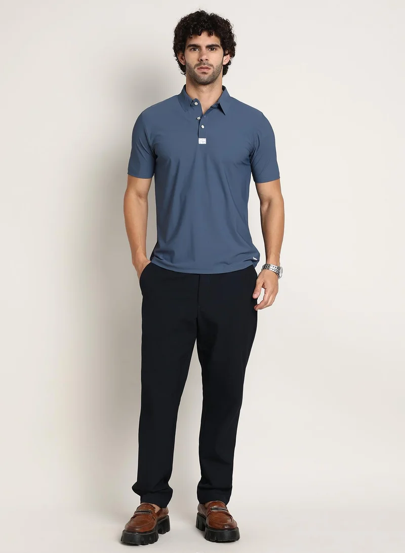 كامبوس سوترا Men's Steel Blue Seamless Waffle Polo T-Shirt