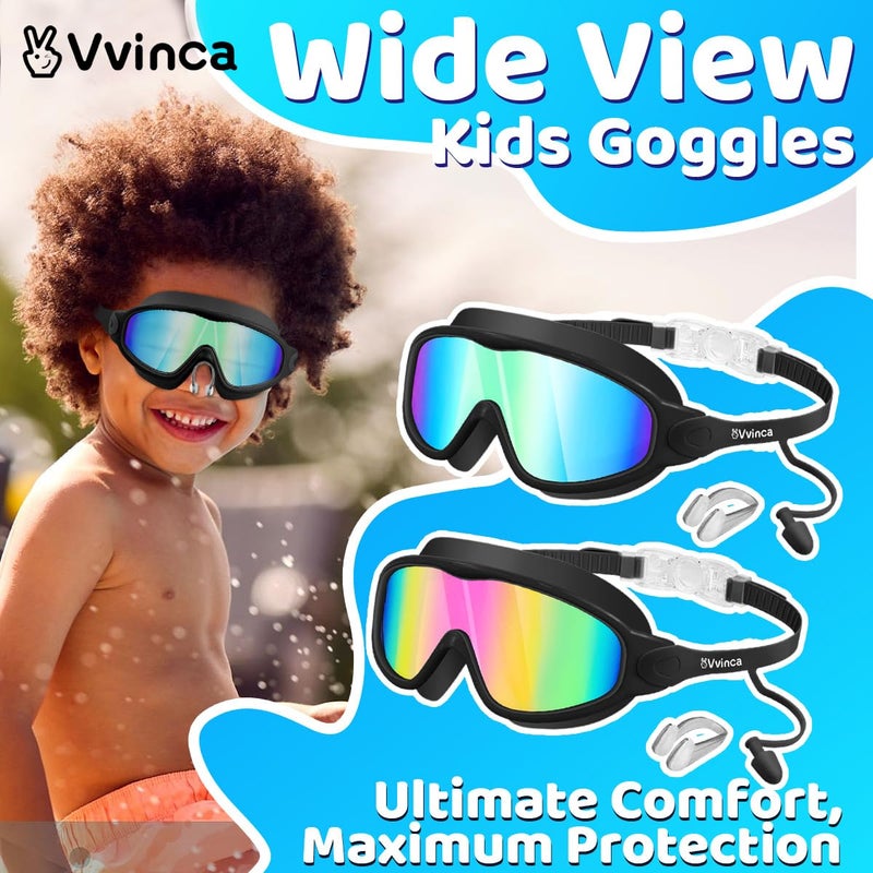 Vvinca Swim Goggles, Kids Goggles with Earplugs& Nose Clip Wide View Anti-Fog/UV Swimming Goggles for Age 3-15 Boys Girls - Image 2