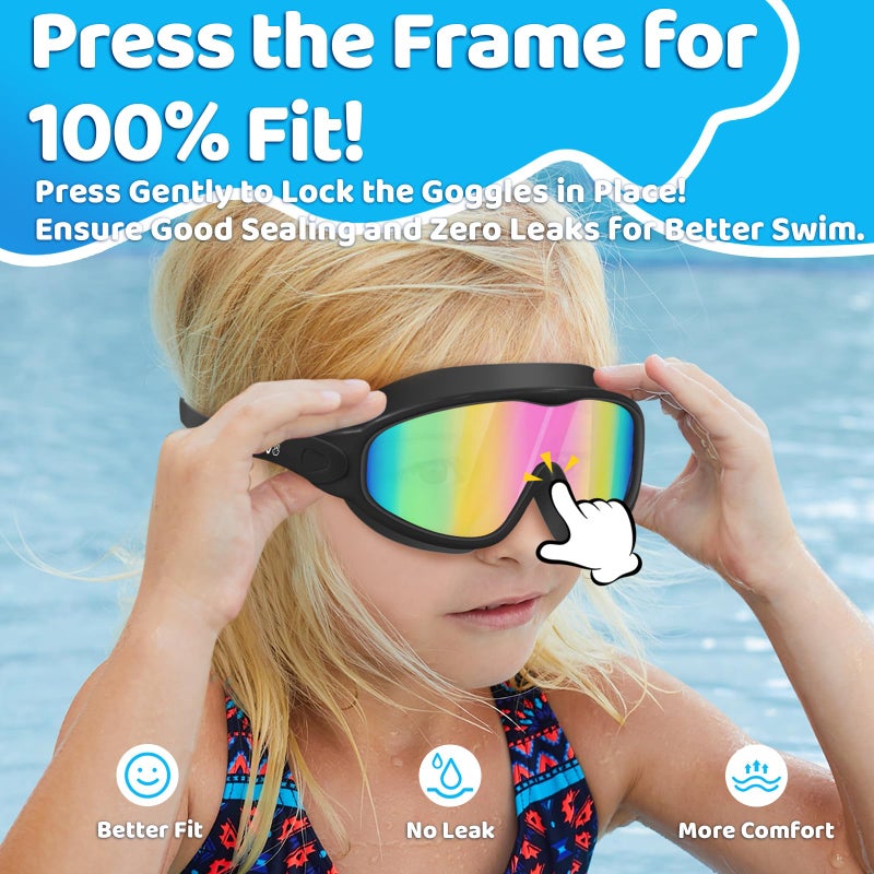 Vvinca Swim Goggles, Kids Goggles with Earplugs& Nose Clip Wide View Anti-Fog/UV Swimming Goggles for Age 3-15 Boys Girls - Image 3
