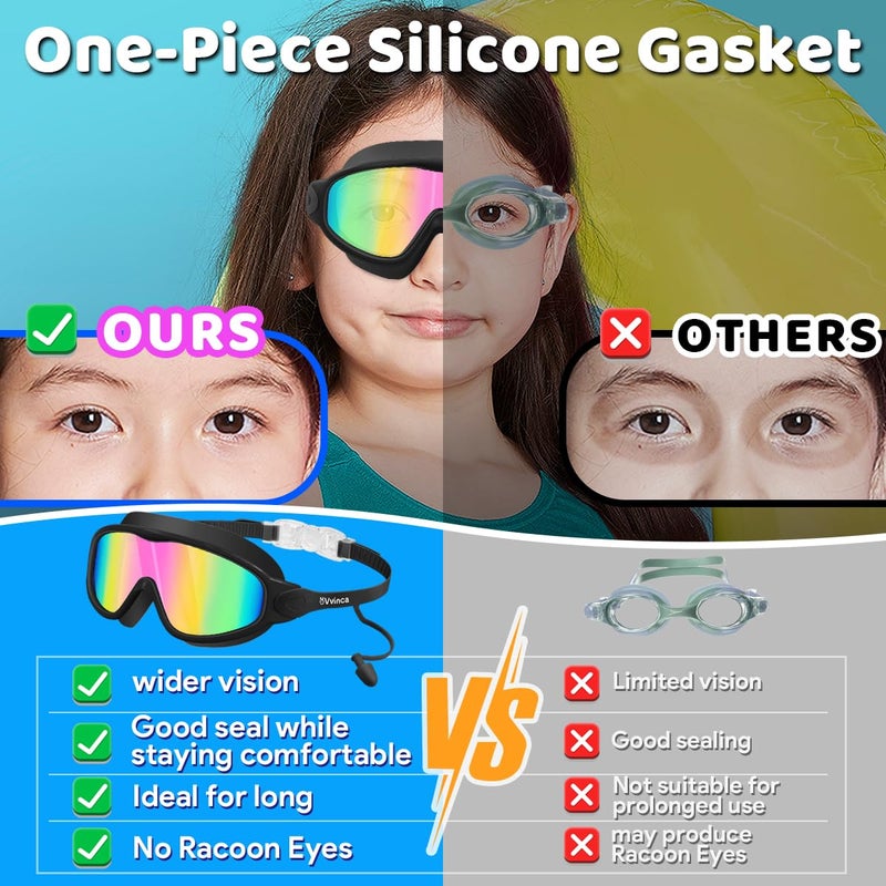 Vvinca Swim Goggles, Kids Goggles with Earplugs& Nose Clip Wide View Anti-Fog/UV Swimming Goggles for Age 3-15 Boys Girls - Image 4
