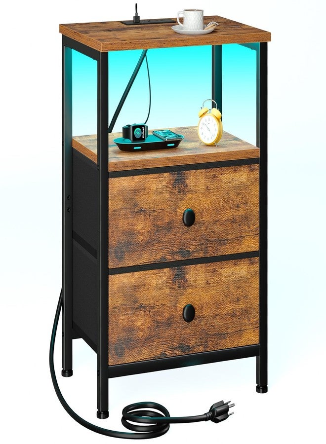 LOAKEKEL Nightstand with Charging Station, End Table with 2 Fabric Drawers, LED Night Stand for Bedroom, Small Bed Side Table with USB Ports and Outlets for Living Room, Brown, HETS02BR-1 - Image 1