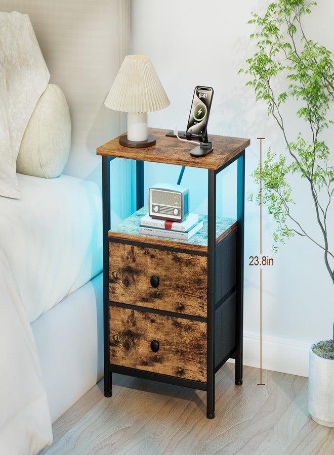 LOAKEKEL Nightstand with Charging Station, End Table with 2 Fabric Drawers, LED Night Stand for Bedroom, Small Bed Side Table with USB Ports and Outlets for Living Room, Brown, HETS02BR-1 - Image 2