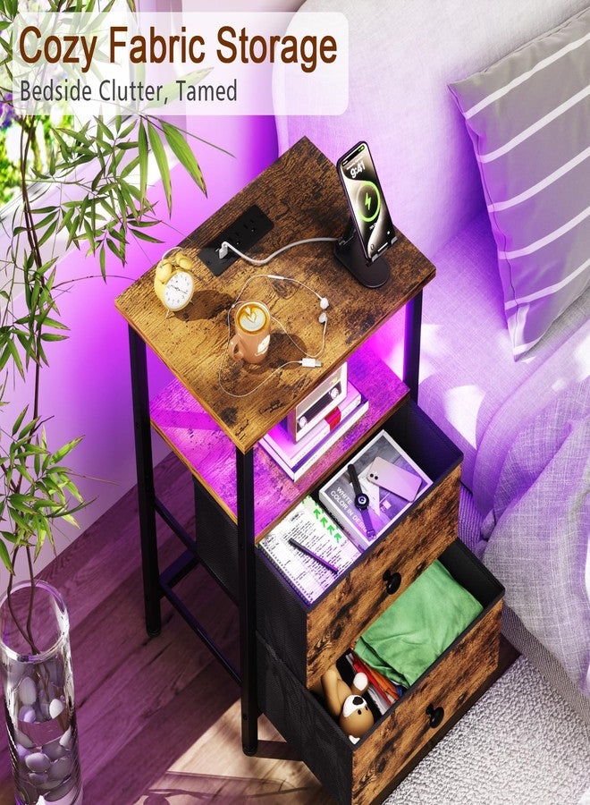 LOAKEKEL Nightstand with Charging Station, End Table with 2 Fabric Drawers, LED Night Stand for Bedroom, Small Bed Side Table with USB Ports and Outlets for Living Room, Brown, HETS02BR-1 - Image 5