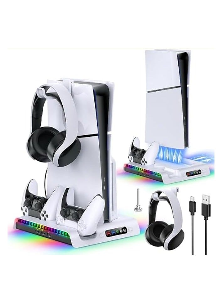 erorex Charging Stand Cooling Fan for PlayStation 5 Slim, Charging Station for DualSense/Edge Controller with RGB Light, Headset Hook & 3 USB Hub for PS 5 Slim Disc & Digital Edition - Image 1