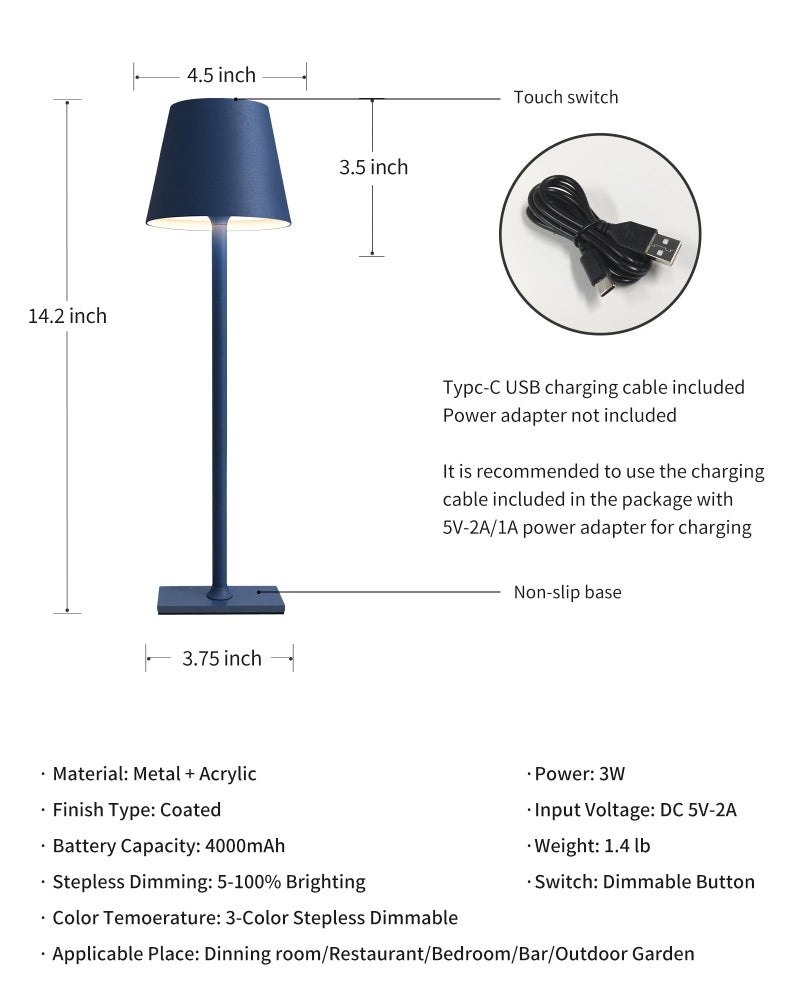 KDG 2 Pack Cordless Table Lamp,Portable LED Desk Lamp, 4000mAh Battery Operated, 3 Color Stepless Dimming Up, for Restaurant/Bedroom/Bars/Outdoor Party/Camping/Coffee Shop Night Light(Blue) - Image 5