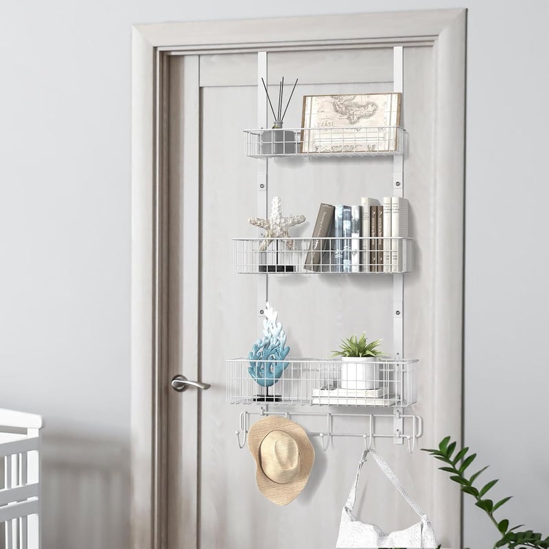 CADUKE Over The Door Hooks with Basket Hanger Door Towel Rack 5 Hooks with Basket Back of Door Storage Organizer Behind Door Hooks Hanger Shelf for Bathroom, Kitchen, Office, White - Image 5