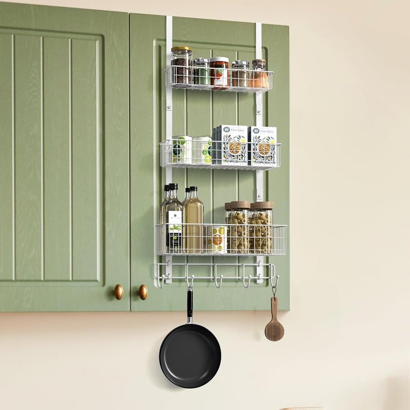 CADUKE Over The Door Hooks with Basket Hanger Door Towel Rack 5 Hooks with Basket Back of Door Storage Organizer Behind Door Hooks Hanger Shelf for Bathroom, Kitchen, Office, White - Image 3