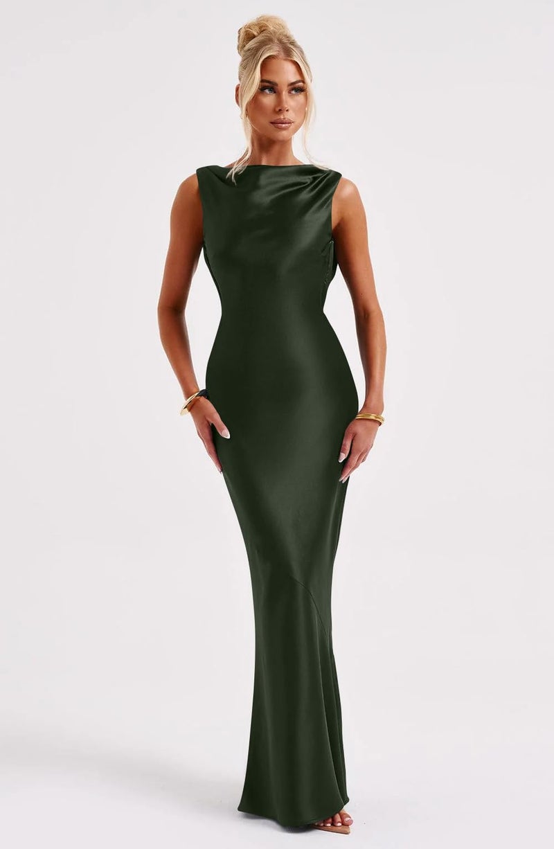 Memoriesea Women's Satin Elegant Sleeveless High Neck Tie Cocktail Party Maxi Dress Army Green - Image 2