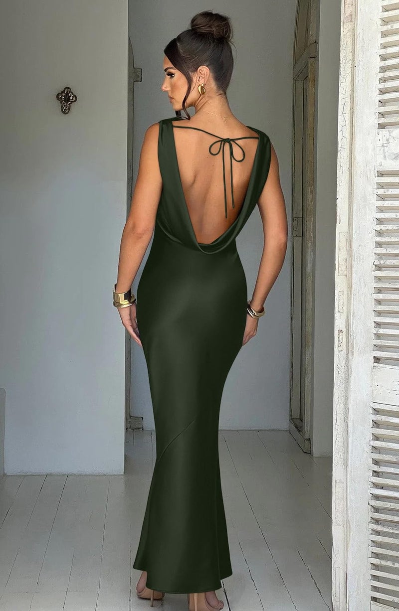 Memoriesea Women's Satin Elegant Sleeveless High Neck Tie Cocktail Party Maxi Dress Army Green - Image 3