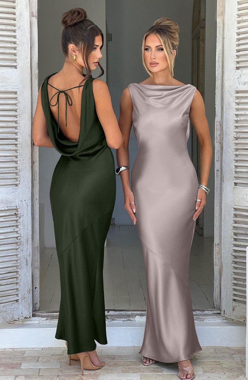 Memoriesea Women's Satin Elegant Sleeveless High Neck Tie Cocktail Party Maxi Dress Army Green - Image 5