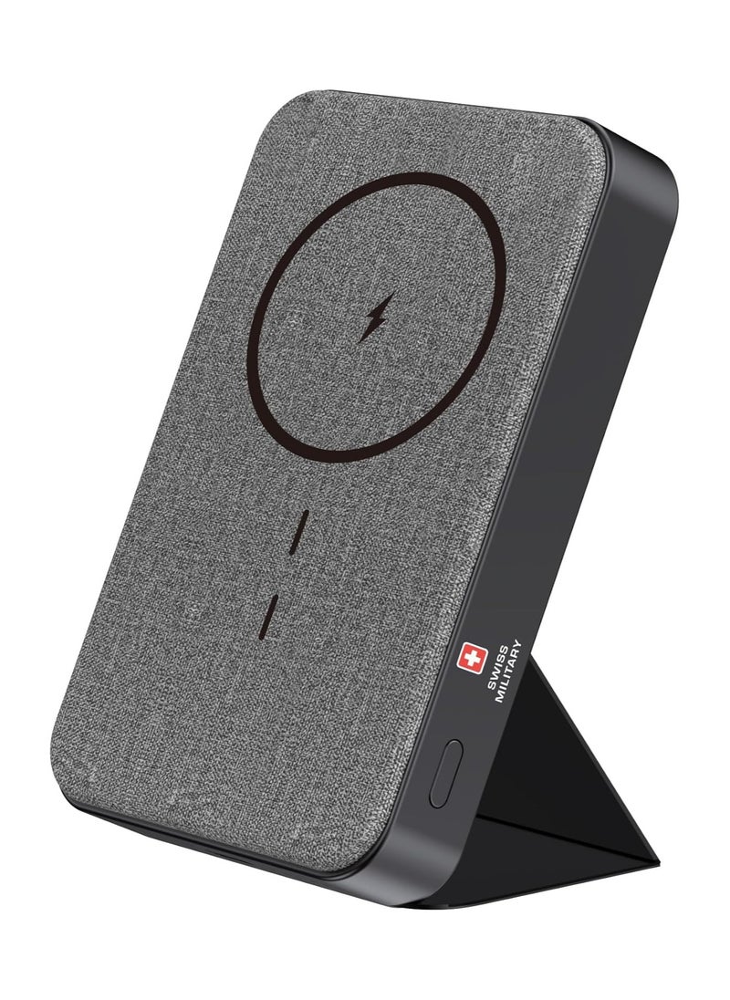SWISS MILITARY - 10000mAh Magnetic Wireless Power Bank (Cable Included) - 15W MagSafe Charging, Foldable Stand, 20W USB-C Output, Compatible with iPhone 12+, Samsung, Huawei - Grey - Image 1
