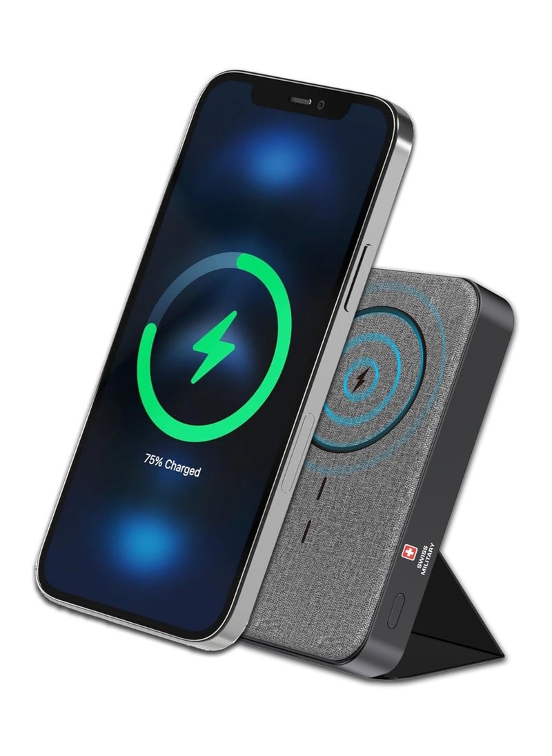 SWISS MILITARY - 10000mAh Magnetic Wireless Power Bank (Cable Included) - 15W MagSafe Charging, Foldable Stand, 20W USB-C Output, Compatible with iPhone 12+, Samsung, Huawei - Grey - Image 1