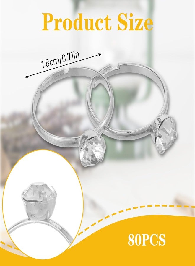 SHENLIU 80 Pieces Fake Rings, Silver Diamond Engagement Rings, Plastic Ring for Bridal Shower for Bridal Shower Party Wedding Table Decorations Cupcake Toppers(Silver) - Image 2