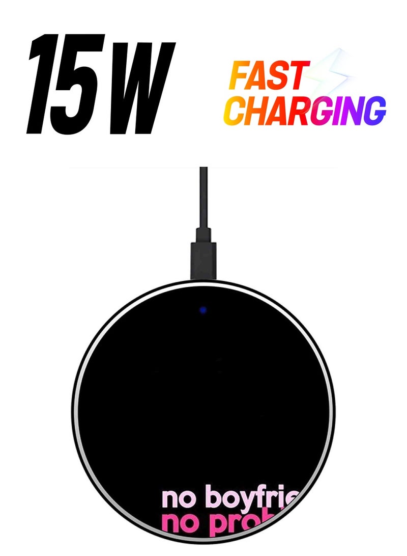 Theodor No Boyfriend No Problem Printed Fast Wireless Charger With USB Cable Black/Pink - Image 1