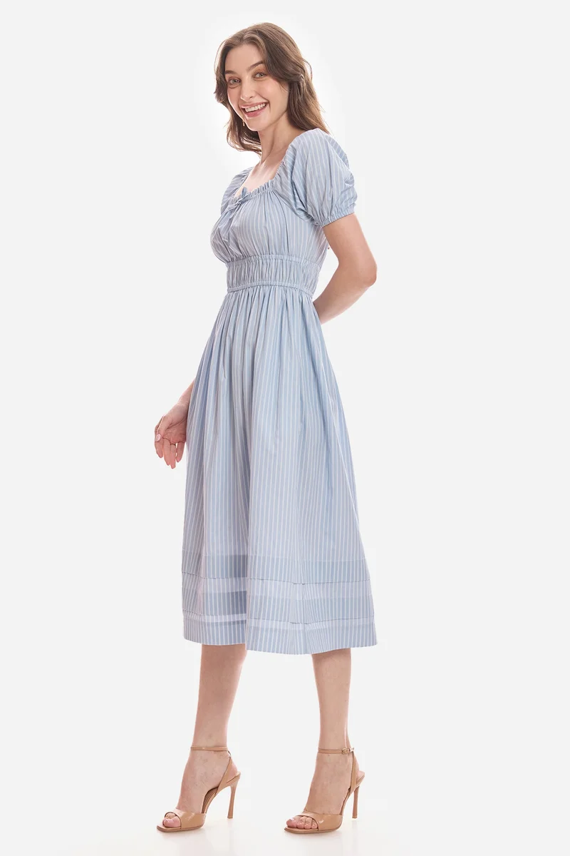 Virgio  Stripes Cotton Puff Sleeves Midi Dress for Women for Women | Best Price UAE