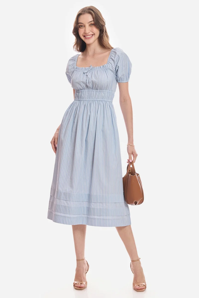 Virgio Stripes Cotton Puff Sleeves Midi Dress for Women