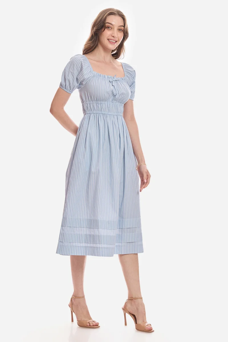 Virgio Stripes Cotton Puff Sleeves Midi Dress for Women