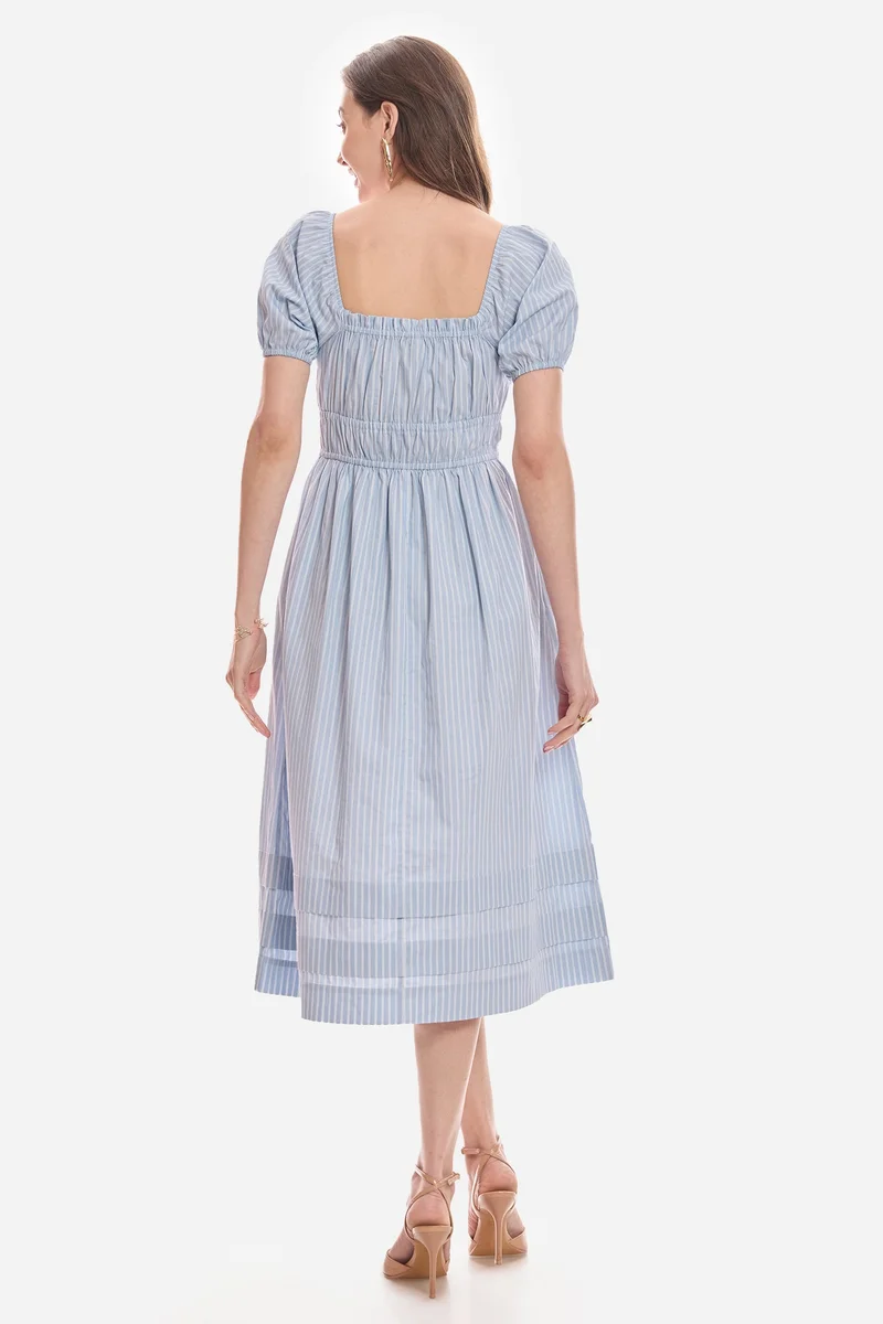 Virgio  Stripes Cotton Puff Sleeves Midi Dress for Women for Women | Best Price UAE