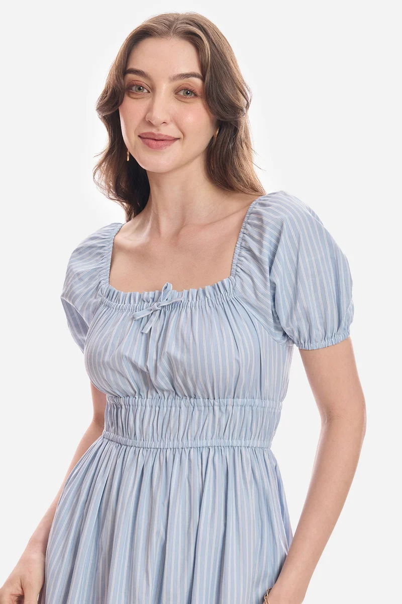 Virgio  Stripes Cotton Puff Sleeves Midi Dress for Women for Women | Best Price UAE
