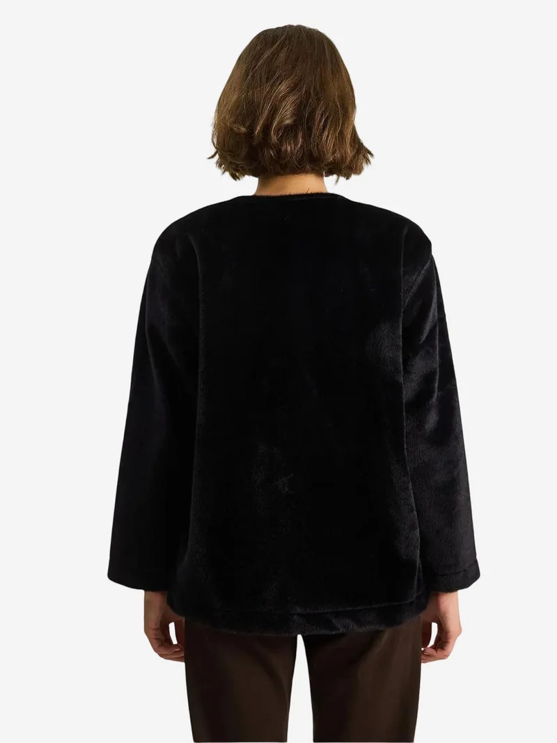 Bianco Lucci Black LUCCI Textured Gabardine Buttoned Coat with Jacket Collar for Women | Best Price UAE