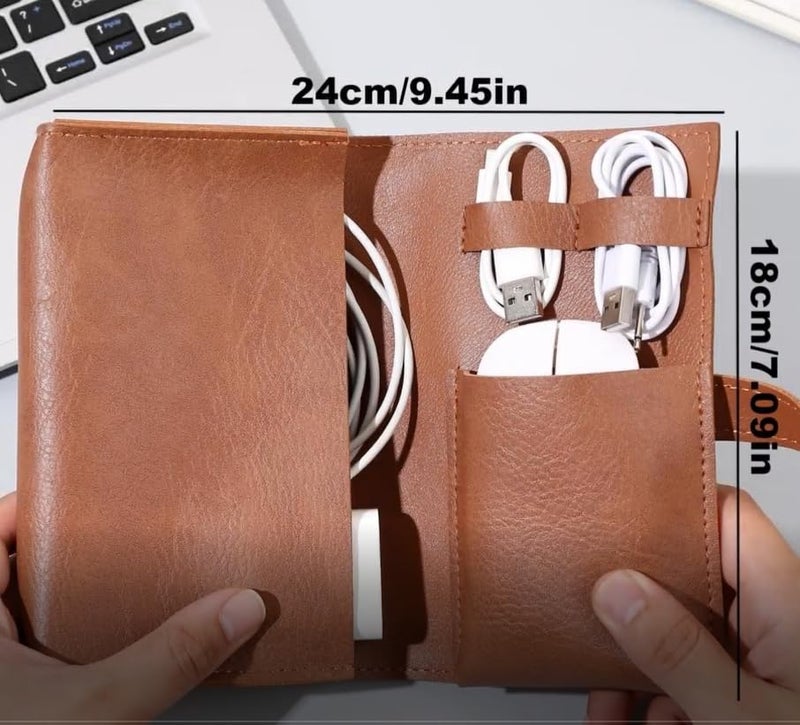 DUWUZEST Vintage Pu leather Electronic organizer travel case,cord organizer travel, Leather charger shortage for essentials mouse, adapter, cables (vintage brown) - Image 3