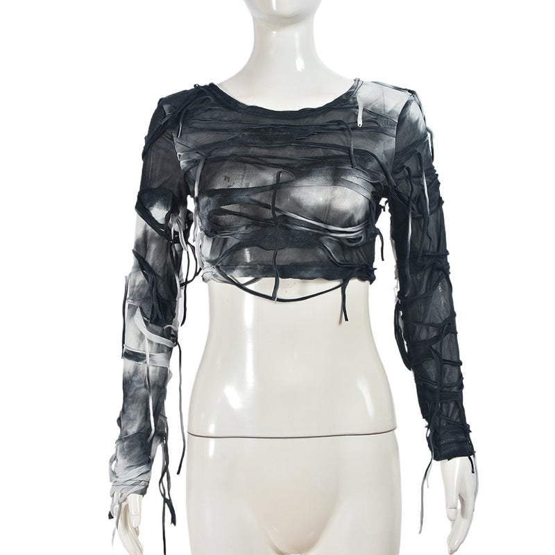 30034 European and American Womens 2024 Autumn New Tie-dyed Navel Tassel Crewneck Long Sleeve European and American T-shirt Top Women Apricot - Image 2