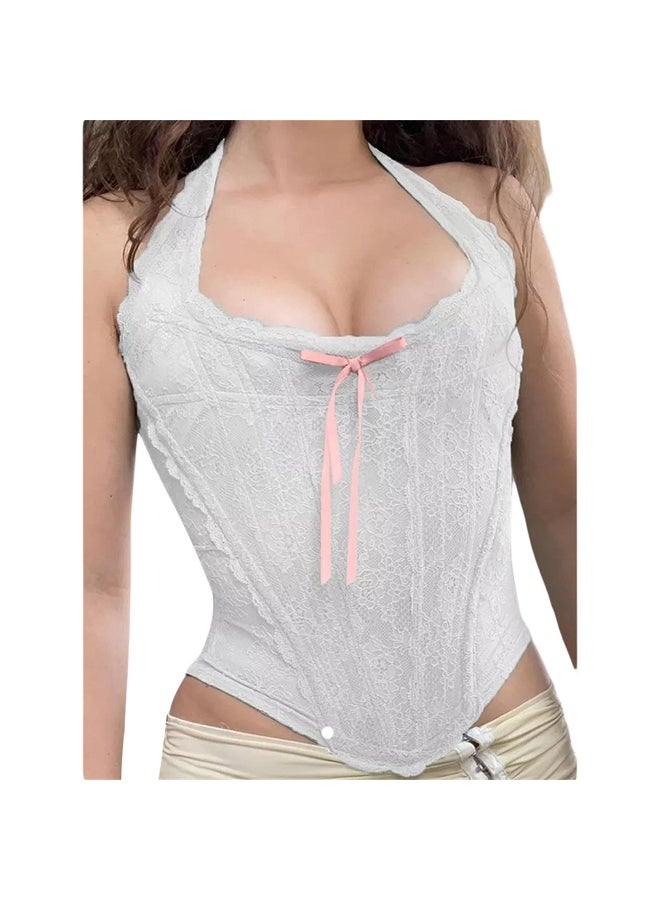Women Lace Corset Halterneck Backless Zip-up Irregular Hem Solid Overbust Bustiers 