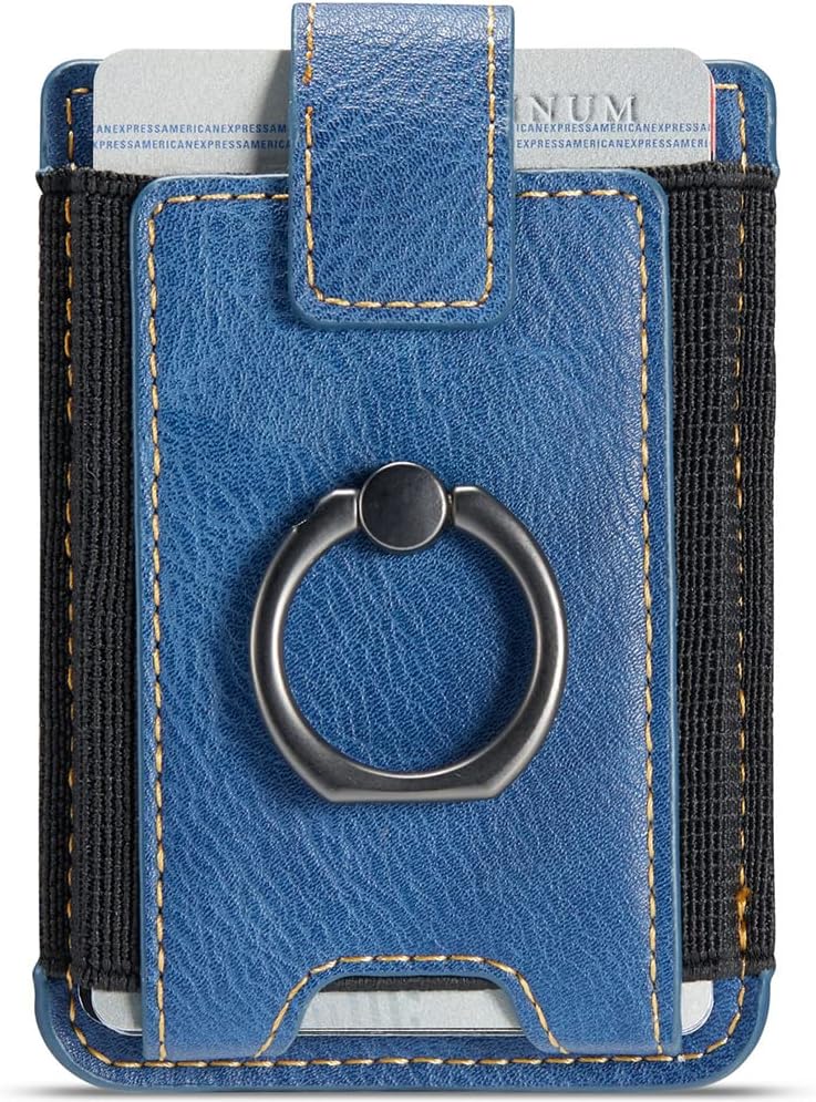 TOPWOOZU Phone Card Holder with Ring Grip for Back of Phone,Adhesive Stick-on Credit Card Wallet Pocket for iPhone,Android and Smartphones (Blue) - Image 1
