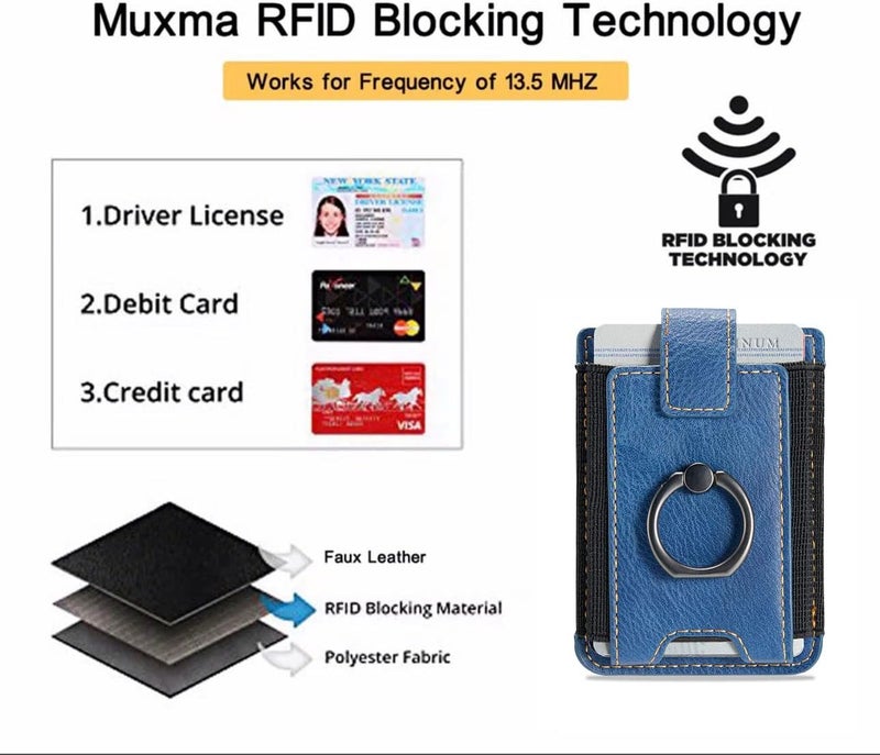 TOPWOOZU Phone Card Holder with Ring Grip for Back of Phone,Adhesive Stick-on Credit Card Wallet Pocket for iPhone,Android and Smartphones (Blue) - Image 5