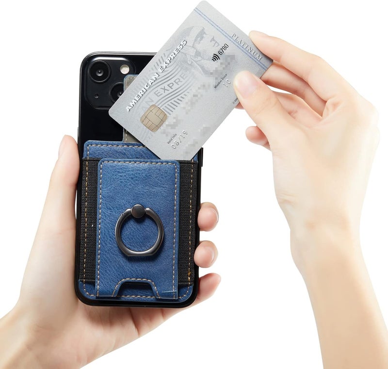 TOPWOOZU Phone Card Holder with Ring Grip for Back of Phone,Adhesive Stick-on Credit Card Wallet Pocket for iPhone,Android and Smartphones (Blue) - Image 2