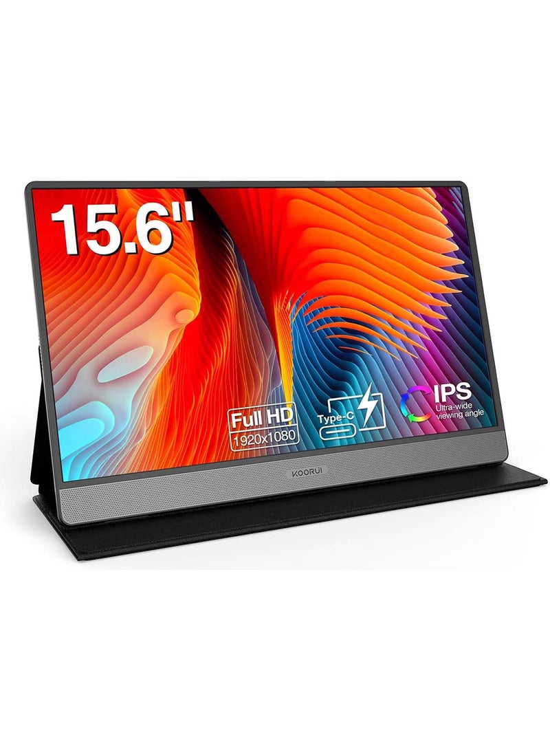 KOORUI شاشة محمولة بدقة 1080 بكسل FHD، شاشة كمبيوتر محمول USB-C، شاشة كمبيوتر HDMI، شاشة IPS للألعاب مع غطاء ذكي ممتاز ومكبرات صوت، شاشة خارجية لأجهزة الكمبيوتر المحمولة/الكمبيوتر الشخصي/Mac/الهاتف، 15.6 بوصة 60 هرتز (15B1) - Image 1