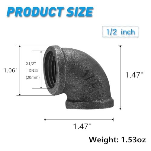 Home TZH 12 Threaded Elbow 60 Pack Gray Metal Pipe Fittings for Steampunk Vintage DIY Plumbing Shelf Brackets Furniture Dcor 60 12 - Image 3