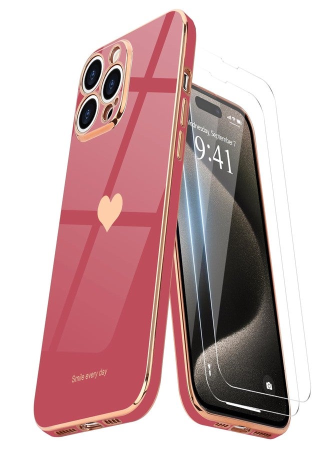 Teageo جراب Teageo لهاتف iPhone 15 Pro Max مع واقيين للشاشة بنقشة قلب للنساء والفتيات، مطلي بطبقة لامعة فاخرة، مصنوع من مادة TPU ناعمة مقاومة للخدوش والصدمات، جراب هاتف لهاتف iPhone 15 Pro Max، لون وردي فاتح - Image 1