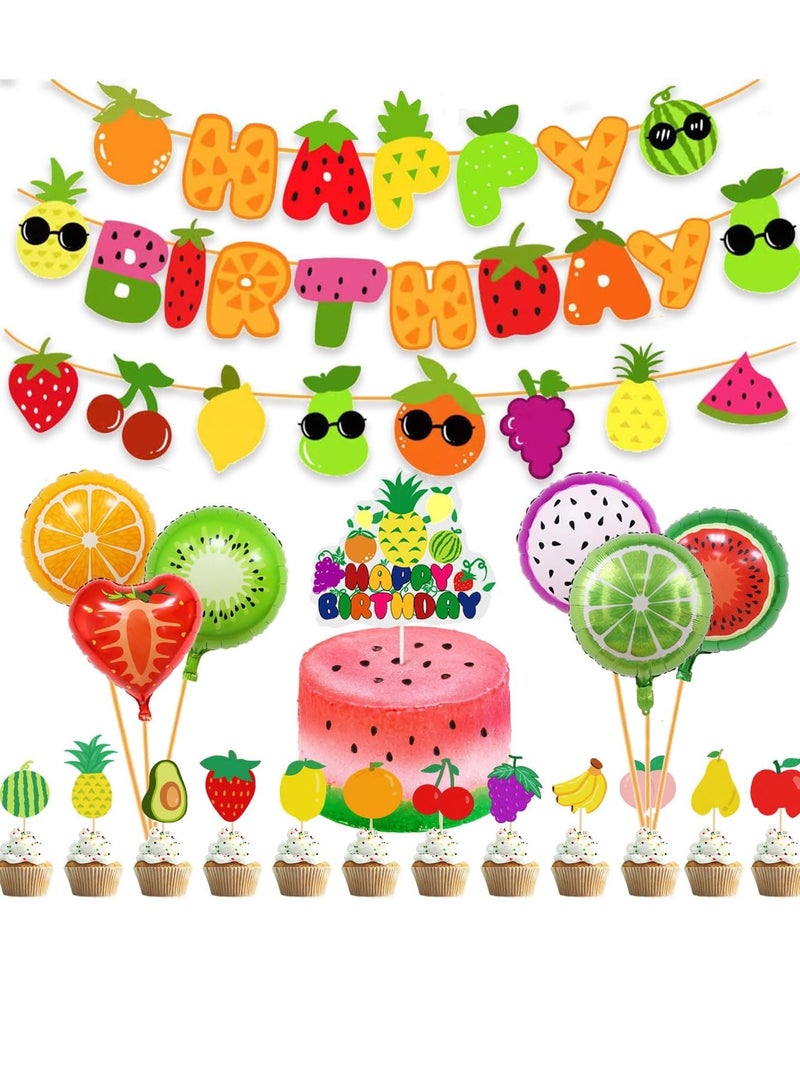 Cute Sensory Fruit Birthday Decorations for 1st Baby Birthday Party Fruit Theme Party Supplies Cake Cupcake Toppers Fruit Theme Happy Birthday Banner Balloons for Boys and Girls Fruit Party Decor - Image 1