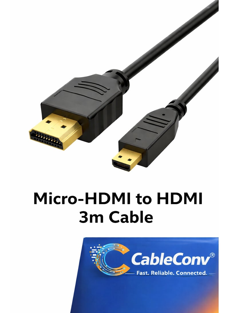 CABLE CONV Micro HDMI to HDMI Cable 3m – Gold-Plated High-Speed Micro HDMI to HDMI Cable, 20-Pin Connector, Compatible with TV, PS5, Xbox, Cameras & Streaming Devices - Image 1