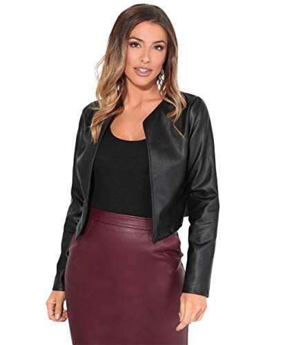 KRISP Women PU Leather Cropped Jacket Long Sleeve Bolero[4432-BLK-S] Black, Small - Image 4
