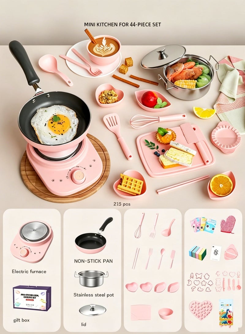 Monda 45Pcs Mini Kitchen Realistic Cooking Set, Girl's Little Kitchen Set, Children's Educational Pretend Play Toy Anti-scalding and Antibacterial Mini Electric Stove Pink - Image 4