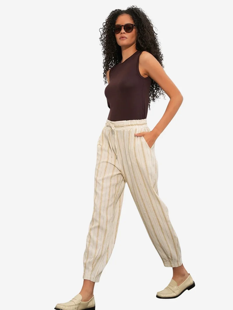 Big Dart Oatmeal Natural BDART Striped Linen-blend Jogger Pants for Women | Best Price UAE